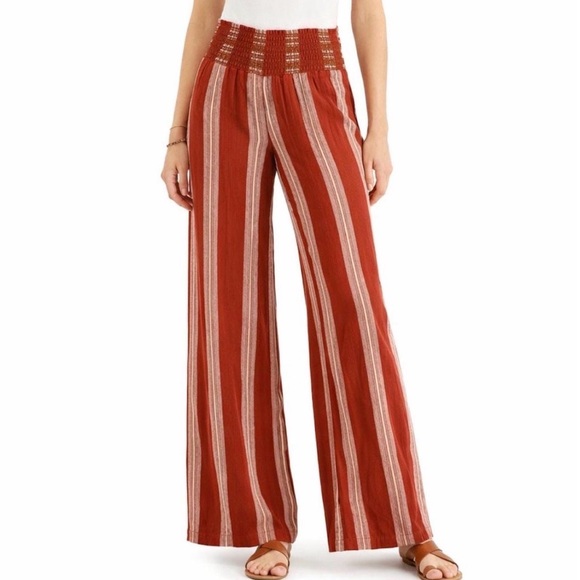 Rewash Pants - Rust Stretchy Striped Wide-Leg Pants - Women's Casual Pull-On